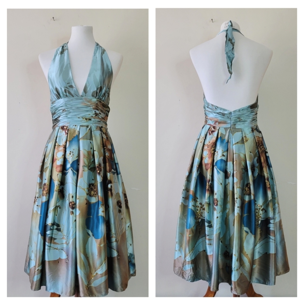 Adrianna Papell Dress Halter Silk Floral Embroidered Sequin Detail Blue Floral 6